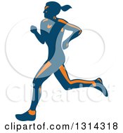 Poster, Art Print Of Retro Blue And Orange Female Marathon Runner 2