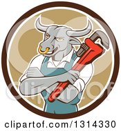 Cartoon Bull Man Plumber Mascot With Folded Arms Holding A Monkey Wrench In A Brown And White Circle