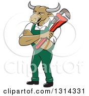 Poster, Art Print Of Cartoon Bull Man Plumber Mascot With Folded Arms Holding A Monkey Wrench