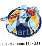 Poster, Art Print Of Retro Male Plumber Holding A Giant Monkey Wrench Over His Shoulder In A Blue White And Yellow Circle