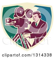 Poster, Art Print Of Retro Movie Maker Camera Man Working With A Tripod In A Shield