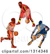 Poster, Art Print Of Retro Woodcut Male Basketball Players Dribbling