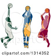 Clipart Of Retro Male Basketball Players Doing Jump Shots Royalty Free Vector Illustration