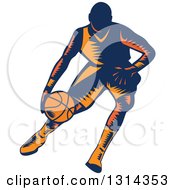 Retro Woodcut Male Basketball Player Dribbling 4