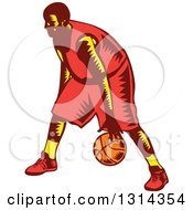 Poster, Art Print Of Retro Woodcut Male Basketball Player Dribbling 3