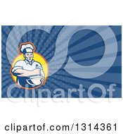 Poster, Art Print Of Retro Cartoon Male Chef Holding A Mixing Bowl And Blue Rays Background Or Business Card Design