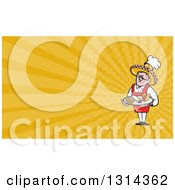Poster, Art Print Of Cartoon Happy Male Mexican Chef Holding A Taco Burrito And Chips On A Platter And Yellow Rays Background Or Business Card Design