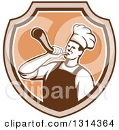 Poster, Art Print Of Retro Male Chef Blowing A Horn In A Brown And Tan Shield