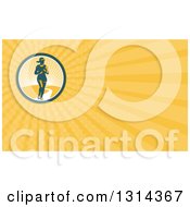 Clipart Of A Retro Female Marathon Runner At Sunrise And Yellow Rays Background Or Business Card Design Royalty Free Illustration