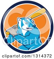 Poster, Art Print Of Cartoon Honey Badger Baseball Mascot Batting In A Blue White And Orange Circle
