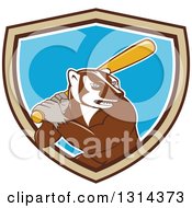 Cartoon Honey Badger Baseball Mascot Batting In A Brown Tan White And Blue Shield
