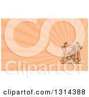 Poster, Art Print Of Retro Sketched Or Engraved Male Farmer Using A Giant Fork In A Crest With A Barn And Salmon Pink Rays Background Or Business Card Design