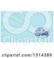 Clipart Of A Retro Sketched Or Engraved Snow Plow Truck On A Street And Light Blue Rays Background Or Business Card Design Royalty Free Illustration