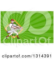 Clipart Of A Cartoon White Male Baseball Player Batting And Green Rays Background Or Business Card Design Royalty Free Illustration