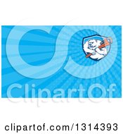 Poster, Art Print Of Cartoon Polar Bear Plumber Mascot Wielding A Monkey Wrench And Blue Rays Background Or Business Card Design