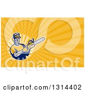 Clipart Of A Retro Cartoon Male Arborist Holding A Chainsaw And Yellow Rays Background Or Business Card Design Royalty Free Illustration