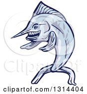 Clipart Of A Cartoon Blue Marlin Fish Presenting To The Left Royalty Free Vector Illustration