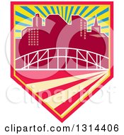 Poster, Art Print Of Retro City Skyline And Bridge In A Shield With Rays