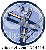 Clipart Of A Retro Male Lineman Working On A Pole In A Blue White And Purple Circle Royalty Free Vector Illustration by patrimonio