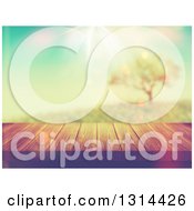 Clipart Of A 3d Wood Deck Or Table With A View Of A Tree On A Hill With Vintage Lighting Royalty Free Illustration