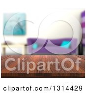 Poster, Art Print Of 3d Close Up Of A Wooden Table And A Blurred Living Room With A Purple Couch