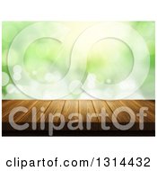 Poster, Art Print Of 3d Close Up Of A Wooden Table Over Blurred Green With Light And Flares