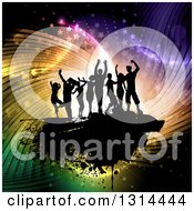 Team Of Black Silhouetted Dancers On Grunge Overcolorful Swirly Flares Lights And Stars
