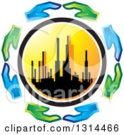 Poster, Art Print Of Circle Of Blue And Green Eco Hands Around A Silhouetted City Skyline At Sunset