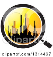 Poster, Art Print Of Silhouetted City Skyline At Sunset In A Magnifying Glass