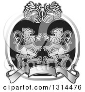 Poster, Art Print Of Silver Black And White Rampant Male Lion Floral And Blank Banner Crest