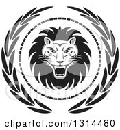 Poster, Art Print Of Grayscale Roaring Male Lion In A Dot And Leaf Wreath