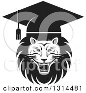 Poster, Art Print Of Grayscale Roaring Male Lion Graduation Head Wearing A Cap