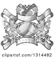 Clipart Of A Silver Rampant Male Lion Floral And Blank Banner Crest Royalty Free Vector Illustration by Lal Perera