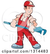 Poster, Art Print Of Cartoon Happy White Male Plumber In Red Overalls Holding A Giant Monkey Wrench