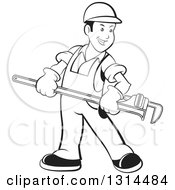 Poster, Art Print Of Cartoon Happy Black And White Male Plumber In Overalls Holding A Giant Monkey Wrench