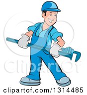 Poster, Art Print Of Cartoon Happy White Male Plumber In Blue Overalls Holding A Giant Monkey Wrench