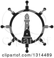 Clipart Of A Black And White Ship Steering Wheel Helm With A Lighthouse Royalty Free Vector Illustration by Lal Perera