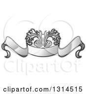 Clipart Of A Gradient Silver Ribbon Banner And Floral Design Royalty Free Vector Illustration by Lal Perera