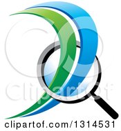 Clipart Of A Magnifying Glass With Green And Blue Swooshes Royalty Free Vector Illustration