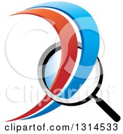 Clipart Of A Magnifying Glass With Red And Blue Swooshes Royalty Free Vector Illustration