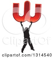 Clipart Of A Black Silhouetted Man Holding Up A Red Giant Letter W Royalty Free Vector Illustration