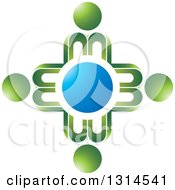Clipart Of Abstract Green Letter M People Forming A Circle Around A Blue Dot Royalty Free Vector Illustration