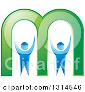 Clipart Of A Green Letter M With Two Blue People Royalty Free Vector Illustration