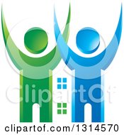 Poster, Art Print Of Blue And Green Cheering Couple With A House Between Them