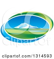 Poster, Art Print Of Mountain And Valley Oval Icon With Blue And Green Swooshes