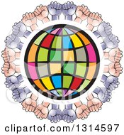 Clipart Of A Colorful Grid Globe Encircled With White And Black Hands Royalty Free Vector Illustration