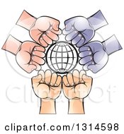 Poster, Art Print Of Black Grid Globe Encircled With Different Colored Hands