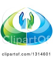 Clipart Of Green And Blue Hands In A Droplet Royalty Free Vector Illustration