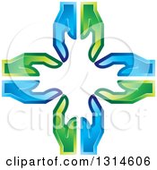Clipart Of A Cross Made Of Green And Blue Hands Royalty Free Vector Illustration