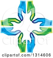 Poster, Art Print Of Cross Made Of Green And Blue Hands